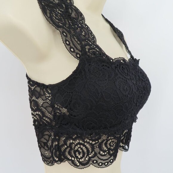 Itzon Women One Size Fits Most OSFM Black Flower Floral Lace Bralette Padded - Picture 3 of 10